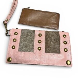 Maya Moon Handmade Recycled Leather Pink Studded Clutch Wristlet + Wallet Set